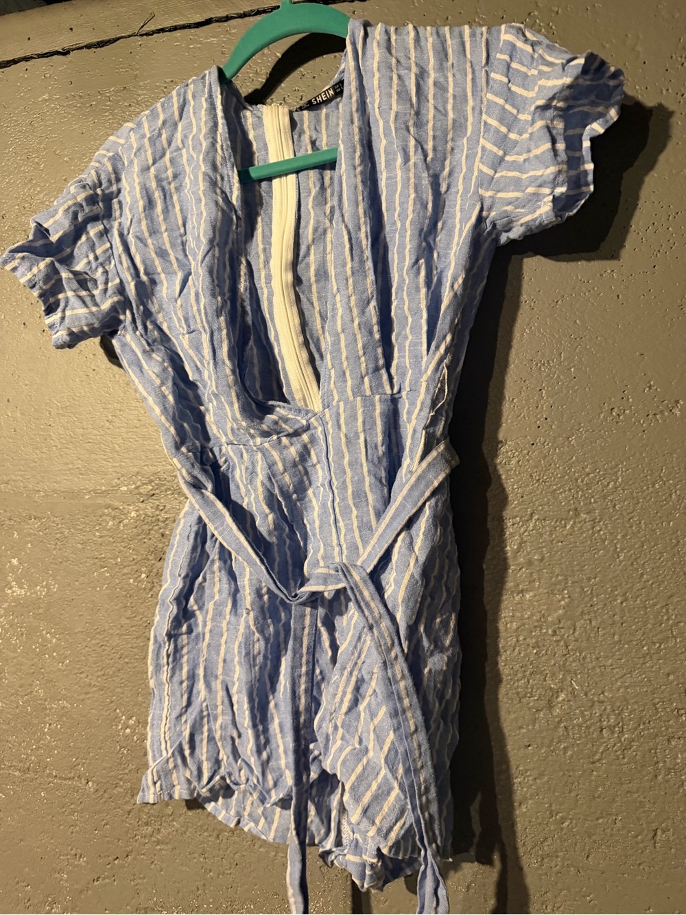 SHEIN Blue & White Striped V-Neck Romper with Waist Tie